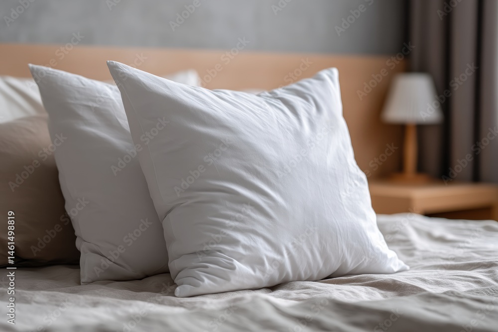 Poster a cozy bed scene with fluffy white pillows and soft neutral bedding creating a relaxing and inviting