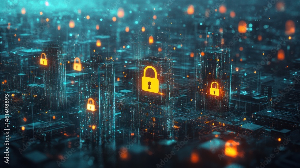 Poster digital cityscape with padlock icons data security
