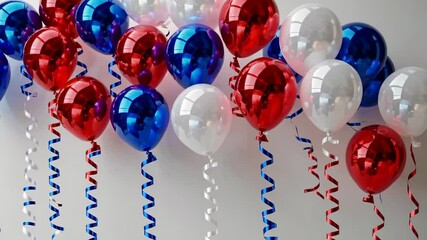 Festive red, white, and blue balloons with spiraling ribbons full of celebration