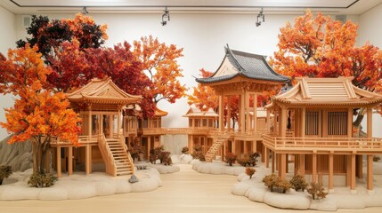 Traditional Japanese Wooden Architecture Surrounded by Autumn Foliage in an Indoor Setting