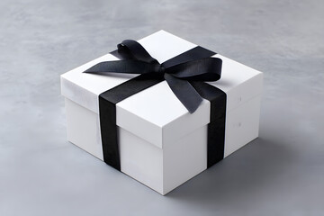 White gift box with black ribbon template isolated on light grey background