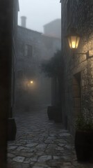 Fototapeta premium Misty stone alleyway with street lamps