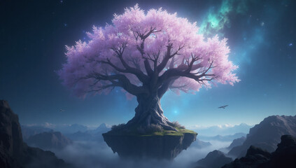 Ancient Tree on Floating Island in Fantasy Sky