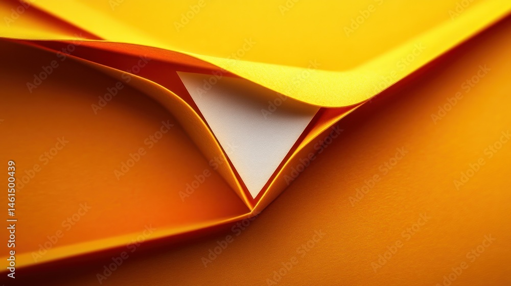Poster abstract geometric shapes formed by folded orange paper. a white triangular space is formed by the f