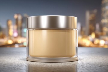 Elegant glass jar with a silver lid filled with cosmetic cream, displayed against a blurred city backdrop, perfect for showcasing skincare product packaging designs and branding.