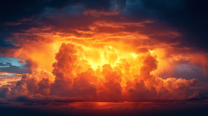 Fototapeta premium Dramatic sunset illuminates towering clouds over a serene landscape, casting vivid shades of orange and yellow across the evening sky