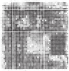 A densely patterned reveals a portrait formed by numerous black and white dots.