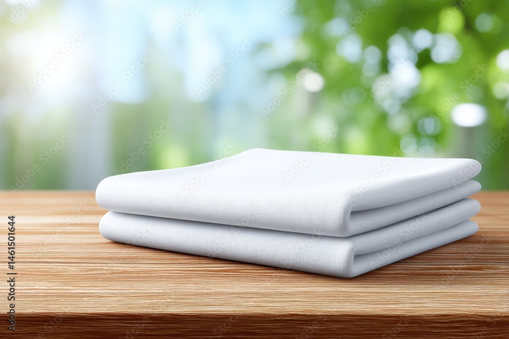 Poster a neatly folded stack of crisp white towels on a warm wooden table, bathed in soft light, with a blu