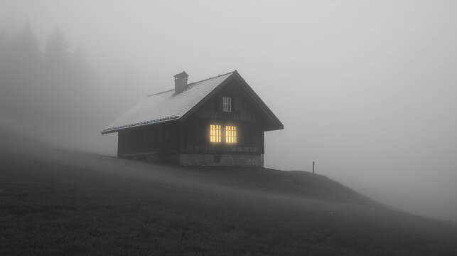 Mysterious countryside cabin illuminated by warm light amidst a dense fog during twilight hours - Powered by Adobe