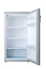 Fototapeta premium Empty opened fridge isolated on white backdrop 