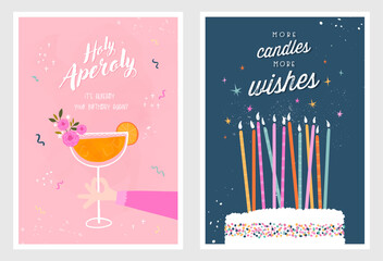 Fototapeta na wymiar Set of birthday postcards with confetti, cocktail, cake and hand writing. Invitations, happy birthday. Vector templates great for card, poster, flyer or banner