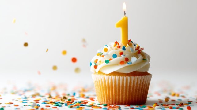a cupcake with a lit candle in the shape of the number one, with colorful sprinkles.