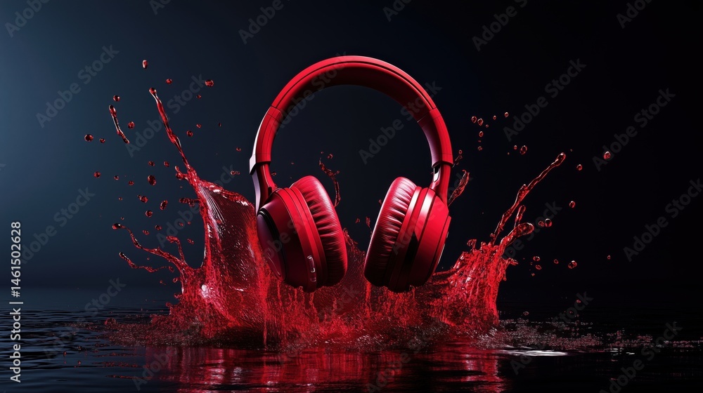 Aufkleber red headphones splashing in water creating dynamic visual effect