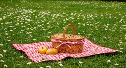A picnic basket with apples on a checkered blanket in a field of daisies on a sunny day outdoors