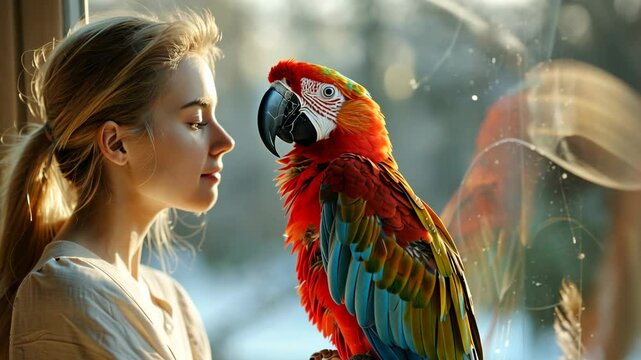 Bright bird in a woman&rsquo;s hands