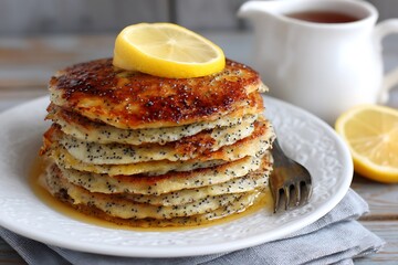 Citrus infused poppy seed almond flour pancakes  
