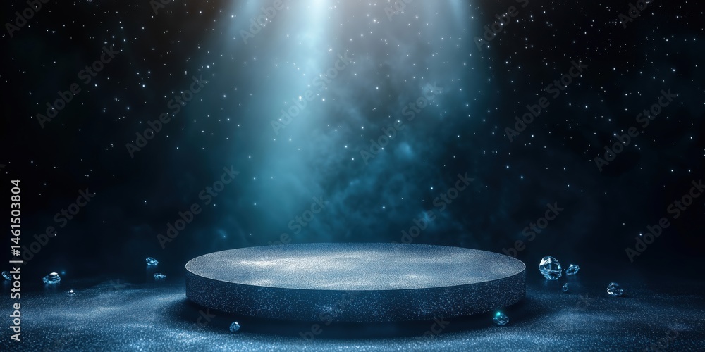 Aufkleber illuminated circular platform in cosmic space with sparkling crystals and mist