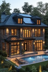 Fototapeta premium Stone house, pool, and trees with evening light, elegant design and relaxation