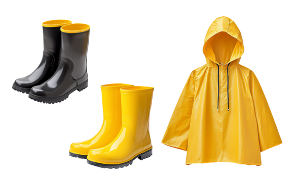 Set of lightweight portable raincoat and boots isolated  on white background