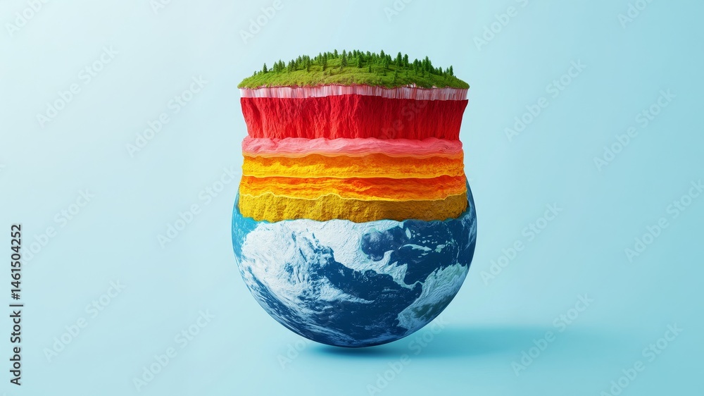 Poster conceptual art of earth showing layers and trees atop a globe. renewable resources geothermal and su