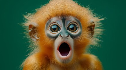 Fototapeta premium Surprised, Shocked baby Golden Monkey With Open Mouth and Big Eyes, Isolated on Green Background