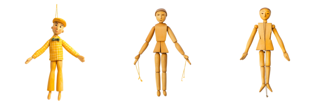 Set of Wooden Marionette isolated on transparent background	