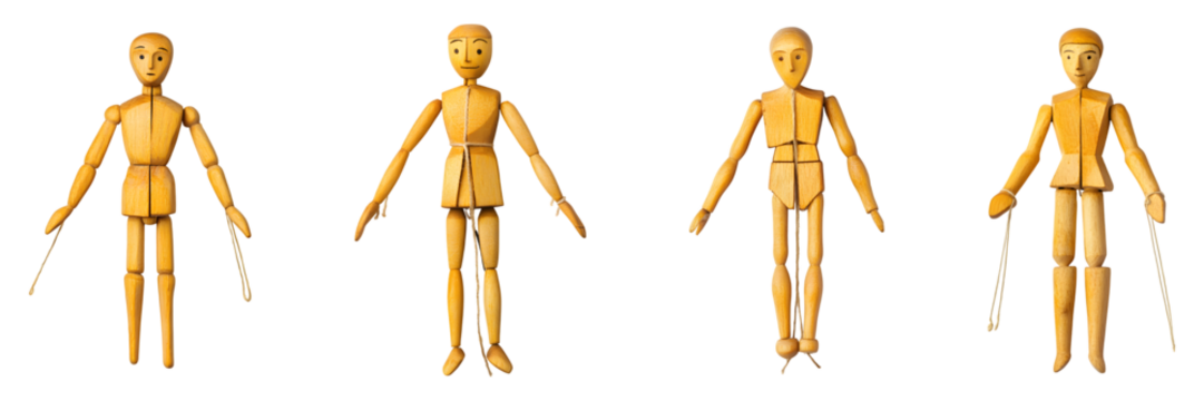 Set of Wooden Marionette isolated on transparent background	