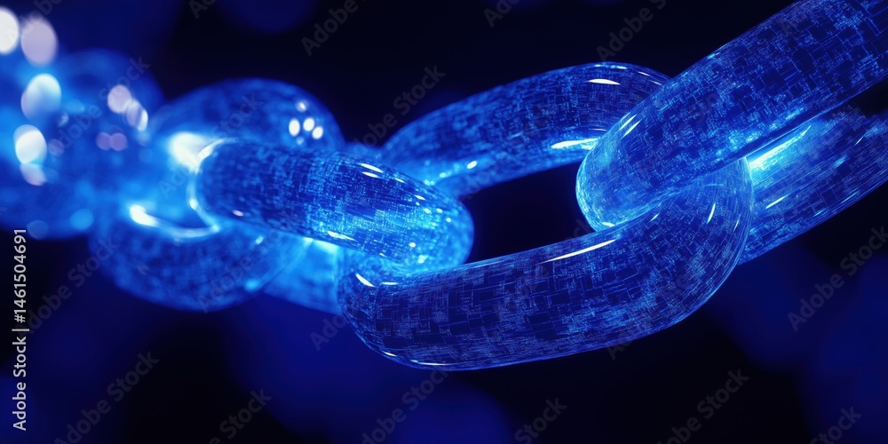 Poster digital blockchain technology represented by glowing blue links in a chain