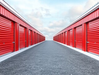 Fototapeta premium Perspective view of many red storage units in a row