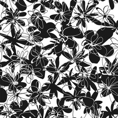 Trendy seamless print with hand drawn black and white flowers. Scribble. Vector pattern.
