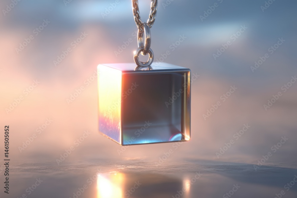 Poster a striking cubic pendant suspended from a chain, reflecting light and color, with a soft, blurred ba