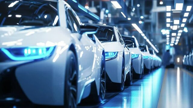 A futuristic EV electric car in a high-tech assembly line industrial plants