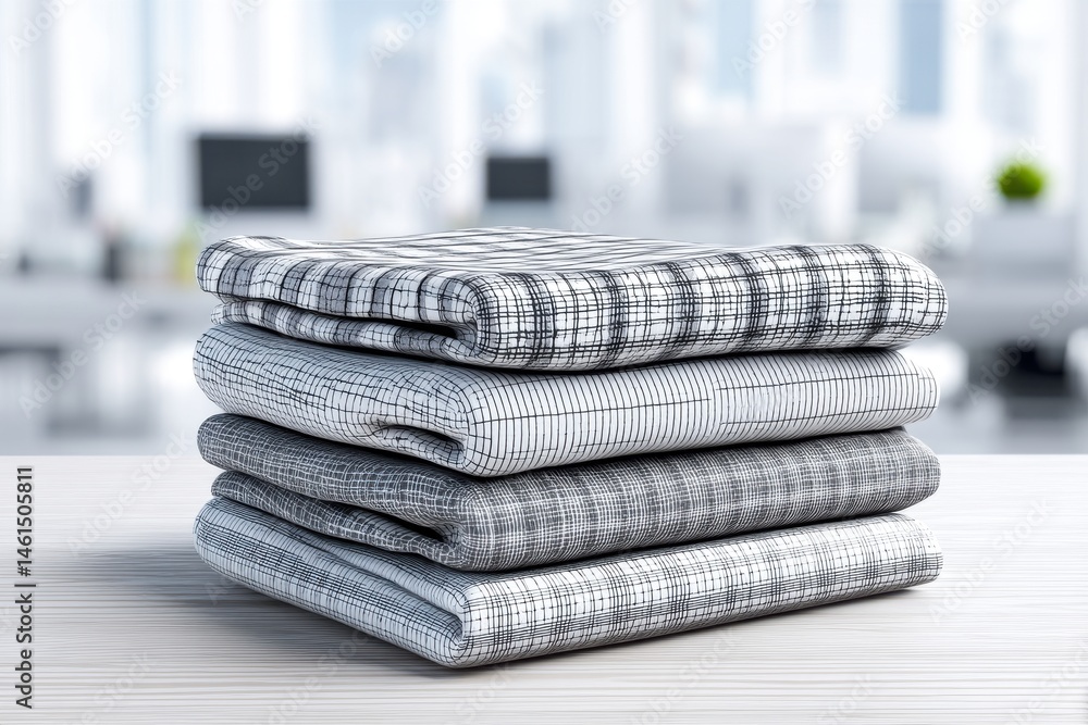 Poster a neatly stacked pile of folded checkered fabrics on a table in a bright office, creating a sense of