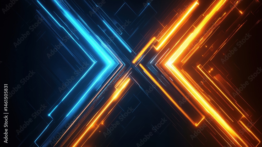 Poster futuristic abstract background with glowing blue and orange lines intersecting