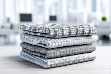 A neatly stacked pile of folded checkered fabrics on a table in a bright office, creating a sense of order and style with subtle patterns and soft textures.