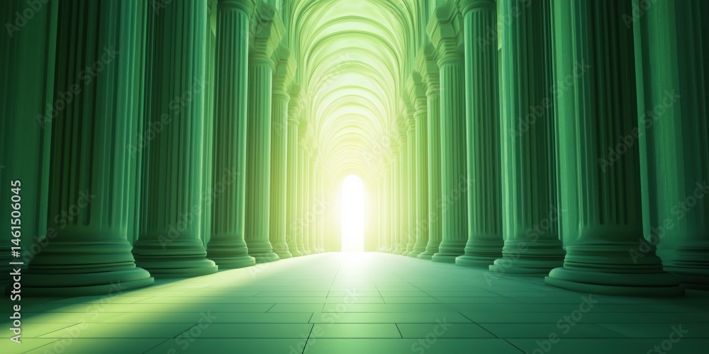 Poster ethereal green corridor with illuminated archway and classical columns