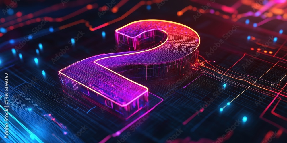 Poster neon number two in futuristic digital circuit background with vibrant colors
