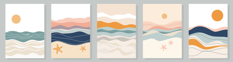 Set of beach landscapes. Abstract beach seascapes for design. Beach, sea, sun, sand, starfish and clouds. Vector illustration for background, poster, banner and design. Sea postcards.