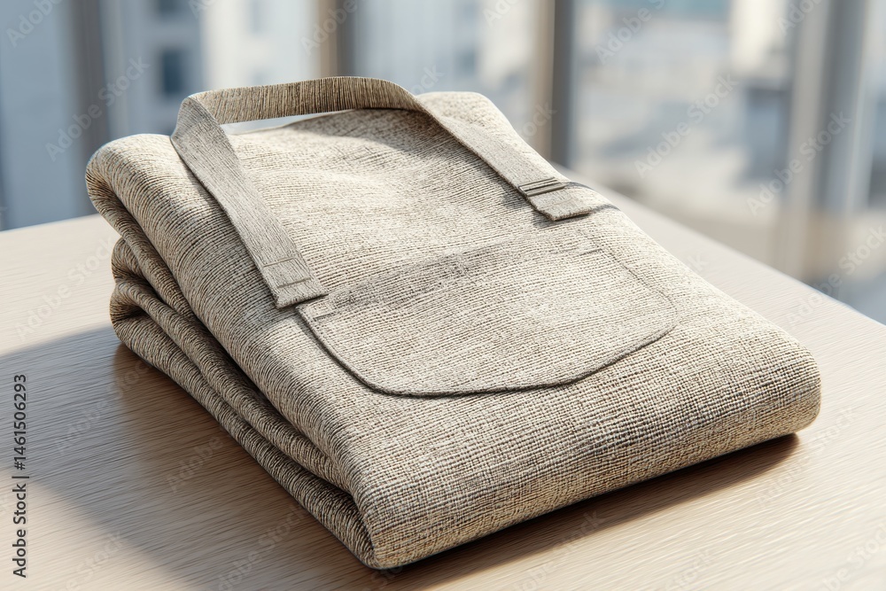 Poster a meticulously folded textured linen apron sitting on a wooden table with soft window light, showcas