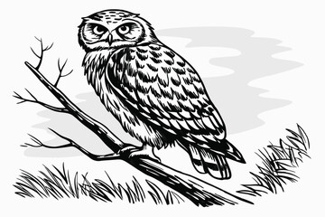 1 Realistic owl sketch, detailed feathers, perched on branch, black and white drawing, graphite pencil art, textured paper background, sharp eyes, tufted ears, wise expression, wildlife illustration, 