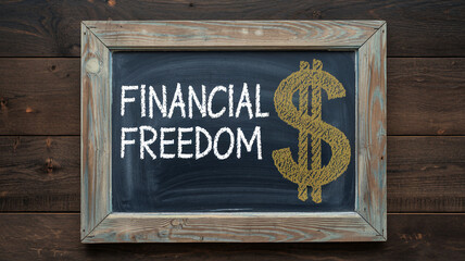 Wooden framed chalkboard displays "Financial Freedom" in white chalk lettering, accompanied by a gold dollar sign, signifying financial independence and success