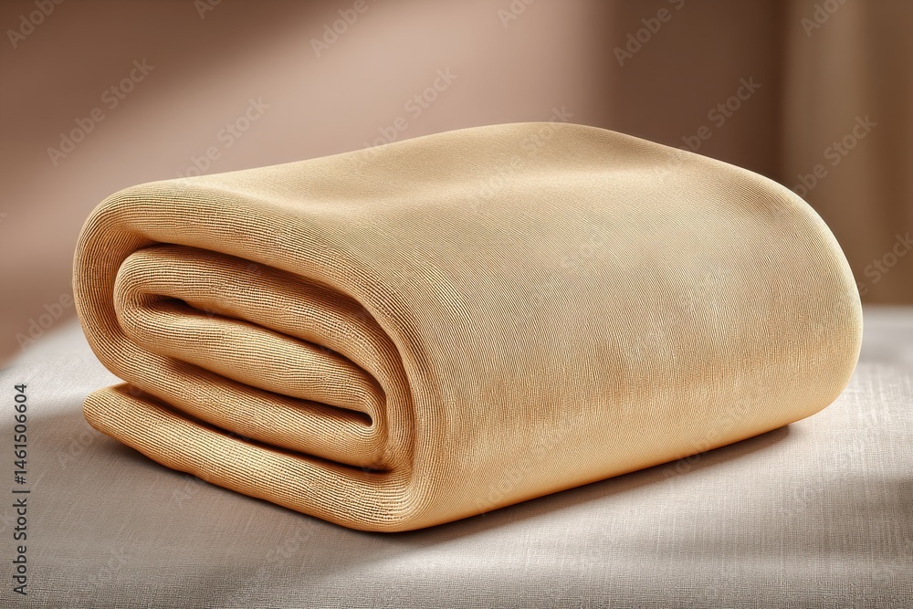 Poster a neatly folded golden brown blanket, showing soft texture and warm color tones, resting on a simple