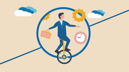 A man in a blue suit rides a unicycle inside a circle with a briefcase, clock, and gears surrounding him