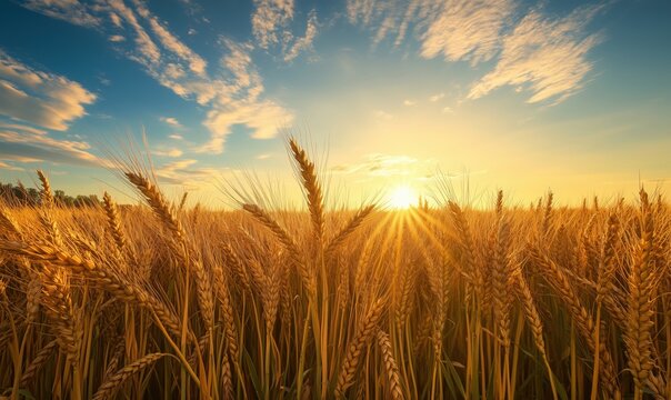 Golden wheat field at sunset with dramatic sky and sun rays