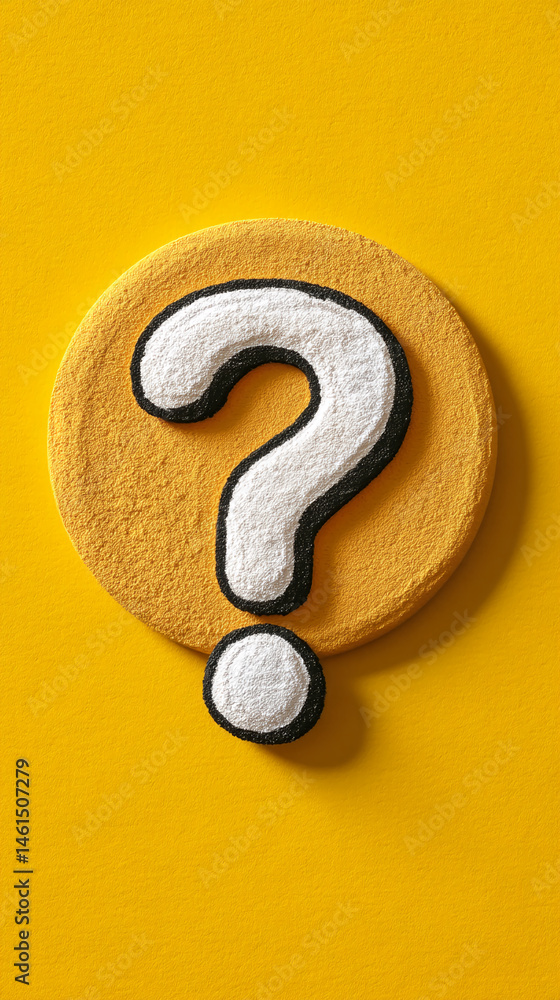 Poster yellow textured background with a large white question mark outlined in black, symbolizing inquiry, 