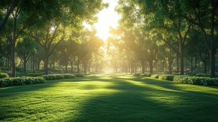 Obraz premium Sun shines through tree-lined path, illuminating green grass in a scenic park