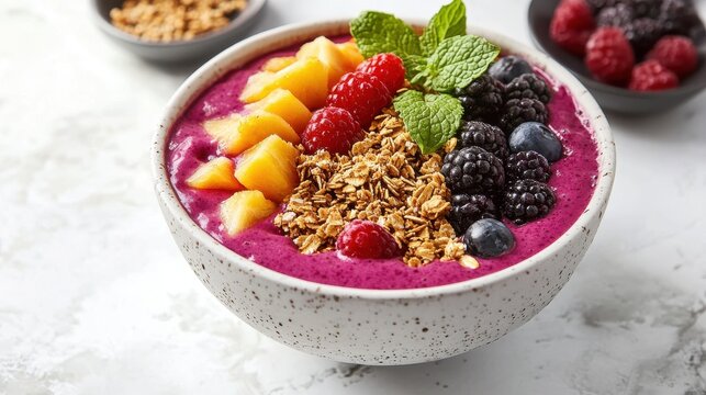 Vibrant smoothie bowl with granola and fruit on chic white backdrop