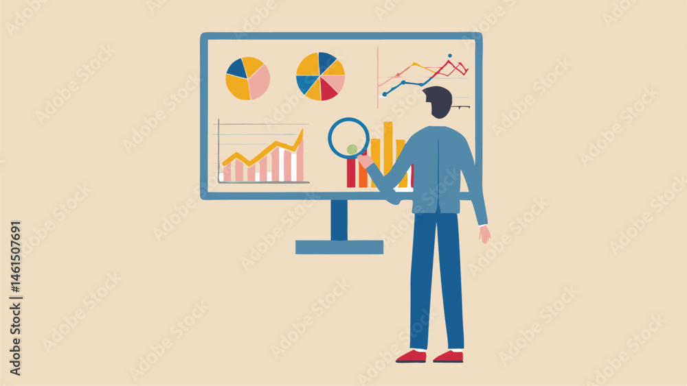 Poster a man analyzing charts and graphs on a screen with a magnifying glass in a light colored presentatio