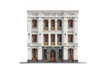 A three-story building with classical architecture, white background, png, transparent