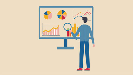 A man analyzing charts and graphs on a screen with a magnifying glass in a light colored presentation